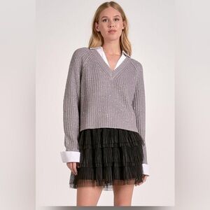 Elan Mixed Media Gray Silver V-Neck Knit Sweater with with Button down XS